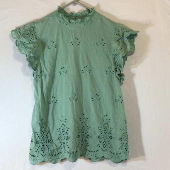 THML women’s eyelet top green size Small ruffle sleeve peasant boho casual - Picture 1 of 12